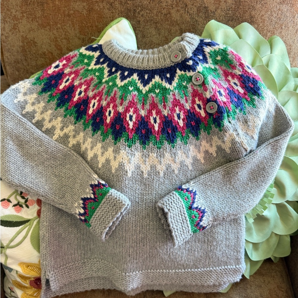 Mini Boden Girls Gray Fair Isle Sweater with Vibrant Pattern 3-4Y